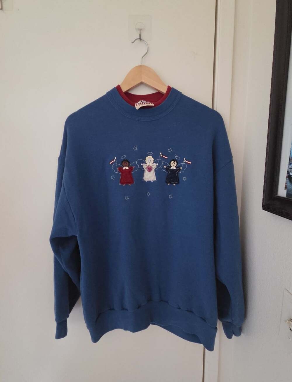 Vintage Top Stitch by Morning Sun Angel Crewneck Sweatshirt Blue